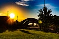 Sunrise over the Performance Plaza, Gene Leahy Mall at The Riverfront in downtown Omaha Nebraska USA Royalty Free Stock Photo