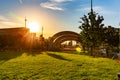 Sunrise over the Performance Plaza in Gene Leahy Mall at The Riverfront in Omaha Nebraska USA Royalty Free Stock Photo