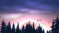 Sunrise over the pine forest. Vector illustration with beautiful morning landscape, coniferous forest, birds, clouds Royalty Free Stock Photo