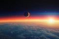 Sunrise over the planet. 3d render. Elements of this image furnished by NASA Royalty Free Stock Photo