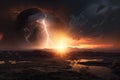 sunrise over planet with stormy clouds, lightning, and rain