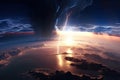 sunrise over planet with stormy clouds, lightning, and rain