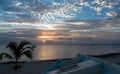 Sunrise over Puerto Juarez Bay and boat on Beach in Cancun Mexico Royalty Free Stock Photo