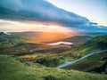 Sunrise over the Quiraing on the Isle of Skye in Scotland. Royalty Free Stock Photo