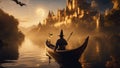 sunrise over the river A fantasy boatman wizard punting a boat on a river of gold, with castles,