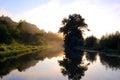 Sunrise over the river. Fog in the morning over the river. Trees over the river. Landscape. Royalty Free Stock Photo