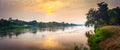 Sunrise over the river Kwai, Kanchanaburi, Thailand. Panorama Royalty Free Stock Photo