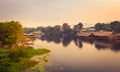 Sunrise over the river Kwai, Kanchanaburi, Thailand. Panorama Royalty Free Stock Photo