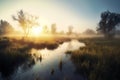 Sunrise over the river in the morning mist,  Landscape Royalty Free Stock Photo