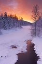 Sunrise over a river in winter near Levi, Finnish Lapland Royalty Free Stock Photo