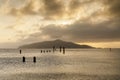 Sunrise over Sausalito Old Pier looking at Angel Island. Royalty Free Stock Photo