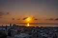 Sunrise over sea horizon with view of Zakynthos town and Ionian sea in earlyl morning Royalty Free Stock Photo