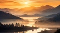 Sunrise over a serene mountain range, bathed in soft, golden light Royalty Free Stock Photo