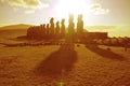 Sunrise over the silhouette of Moai statues at Ahu Tongariki celemonial platform on Easter Island, Chile