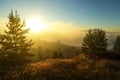 Sunrise over spring meadow. Spring aerial landscape. Spring sunrise over green forest and field with river and fog Royalty Free Stock Photo