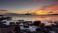 Sunrise over St Marys Lighthouse. Whitley Bay on the North East Coast of England.