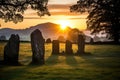 sunrise over a standing stone circle