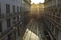 Sunrise over Street in City Center Lisbon