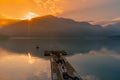 Sunrise over Sun Moon Lake behind mountain