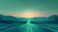 Sunrise Over Surreal Teal Dunes: Ethereal Desert Road Leading into the Sun