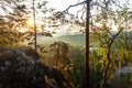 Sunrise over taiga forests and river in Northern Finland