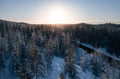 Sunrise over taiga landscape. Boreal forest Royalty Free Stock Photo