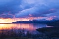 Sunrise over Torne trÃÂ¤sk and U-shaped mountain named Lapporten Royalty Free Stock Photo