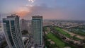 Sunrise over towers in Greens district aerial view from top timelapse. Royalty Free Stock Photo