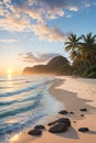 Sunrise over the tranquil beach, tropical island with palm trees