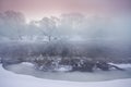 Sunrise over trees covered with hoar near a river