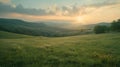 Sunrise over trees in a green field with rolling hills, AI-generated. Royalty Free Stock Photo
