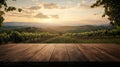 Sunrise Over Tuscan Vineyard with Empty Wooden Table. Generative AI