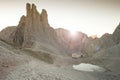 Sunrise over the Vajolet towers in Dolomites Royalty Free Stock Photo