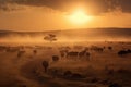 Sunrise over a Vast Savannah with a Herd of Wildebeests