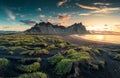 Sunrise over Vestrahorn mountain on black sand beach in Stokksnes peninsula at Iceland Royalty Free Stock Photo