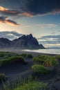 Sunrise over Vestrahorn mountain on black sand beach in Stokksnes peninsula at Iceland Royalty Free Stock Photo