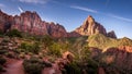 Sunrise over The Watchman Peak and Bridge Mountain in Zion National Park in Utah, USA Royalty Free Stock Photo