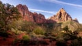Sunrise over The Watchman Peak and the Virgin River Valley in Zion National Park in Utah, USA