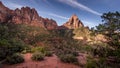 Sunrise over The Watchman Peak and the Virgin River Valley in Zion National Park in Utah, USA Royalty Free Stock Photo