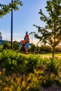 sunrise over The Wind sculpture by Yinka Shonibare, in Gene Leahy Mall at The Riverfront Omaha Nebraska USA. Royalty Free Stock Photo