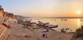 Sunrise panarama view of Ganges river with boats from Manasarovar Ghat in Viranasi. India