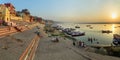 Sunrise panarama view of Ganges river with boats from Manasarovar Ghat in Viranasi. India