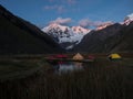 Sunrise panorama of andes mountain Jirishanca tent Camp Jahuacocha lake Cordillera Huayhuash Circuit Ancash Peru Royalty Free Stock Photo