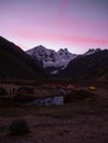 Sunrise panorama of andes mountain Jirishanca tent Camp Jahuacocha lake Cordillera Huayhuash Circuit Ancash Peru Royalty Free Stock Photo