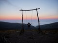 Sunrise panorama of Baloico do Trevim Isto e Lousa adventure rope swing on mountain hill top Coimbra Portugal Europe