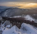 Sunrise panorama, colorful sky, winter snow clouds in Slovakia natural landscape. M Royalty Free Stock Photo