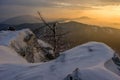 Sunrise panorama, colorful sky, winter snow clouds in Slovakia natural landscape. Royalty Free Stock Photo