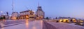 Sunrise Panorama of Macedonia Square and Stone Bridge, Skopje Royalty Free Stock Photo