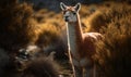 sunrise photo of guanaco Lama guanicoe in its natural habitat. Generative AI