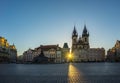 Sunrise in Prague old town square with view of Tyn Church in Czech Republic